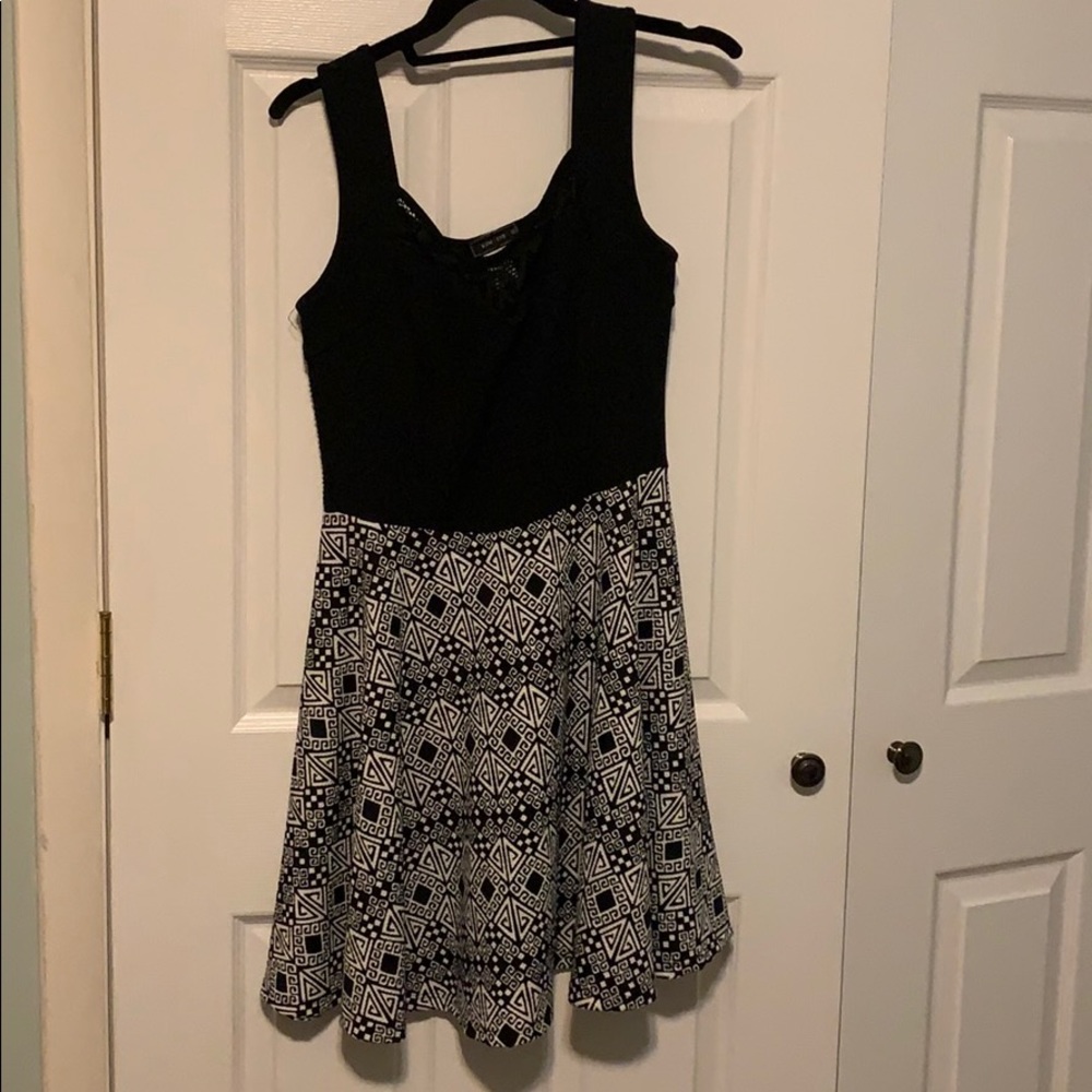 Black White Aztec Print Skater Dress Lace Detail
